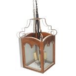 Early 20th century oak and iron framed ceiling lantern light fitting, 65cm high