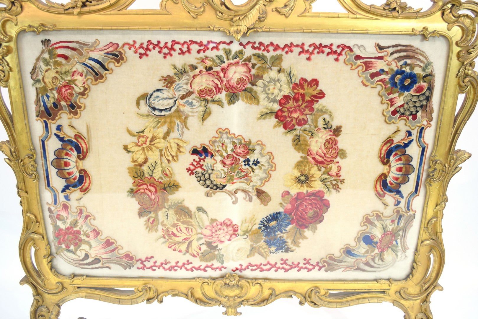 Large gilt gesso framed fire screen, the frame with elaborate foliate and scrolled detail, the - Image 5 of 6