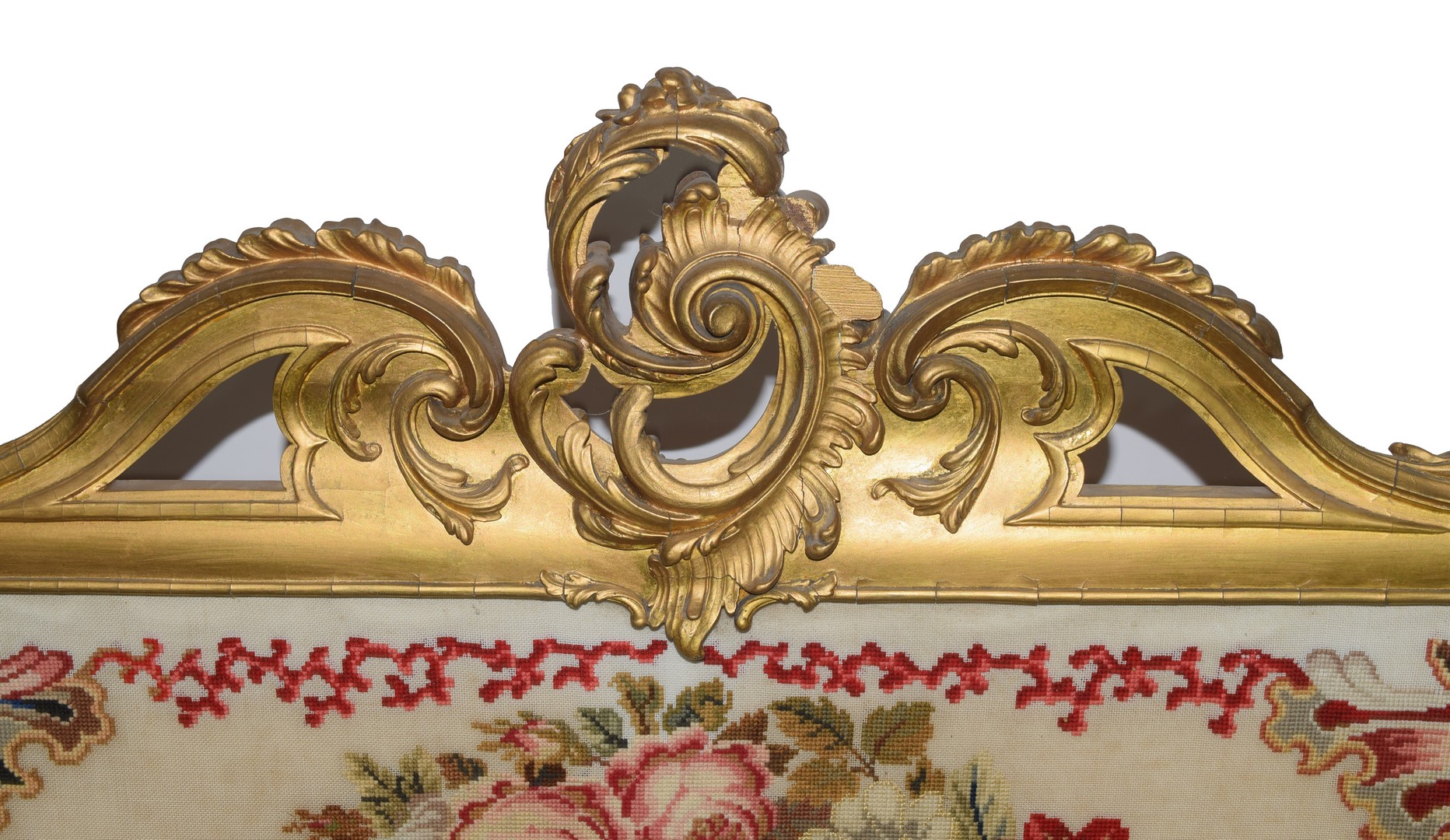 Large gilt gesso framed fire screen, the frame with elaborate foliate and scrolled detail, the - Image 4 of 6