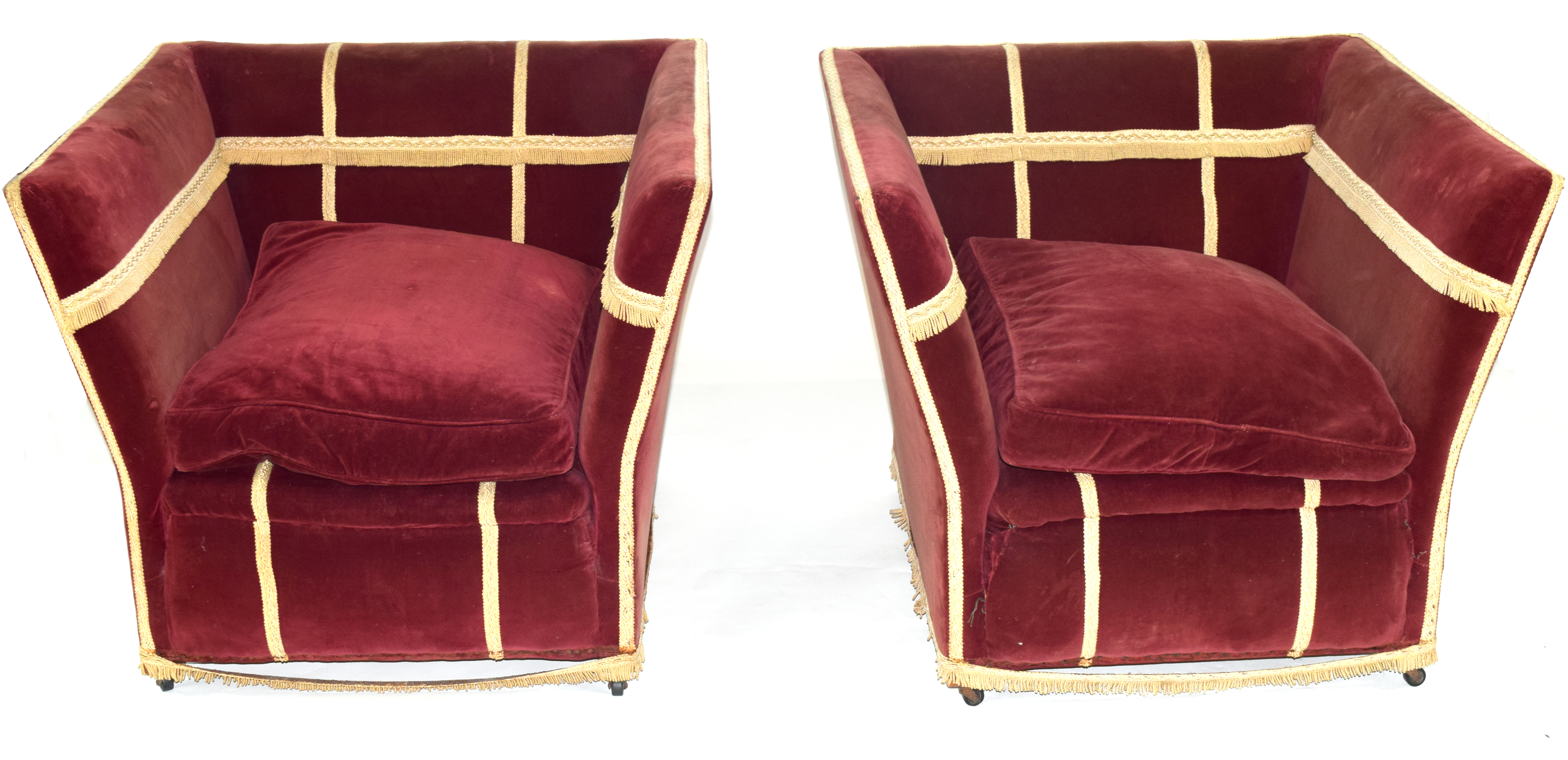 Early 20th century drop end Knole style two-seater sofa and pair of accompanying chairs, upholstered