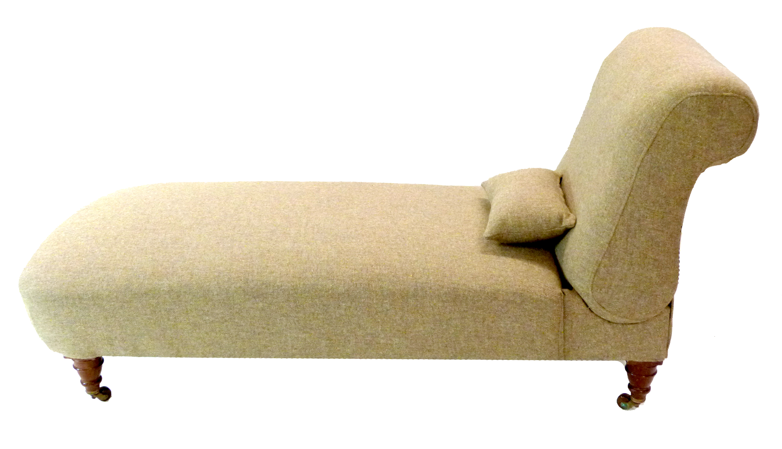 Victorian chaise longue with adjustable backrest, recently re-upholstered in pale Harris tweed