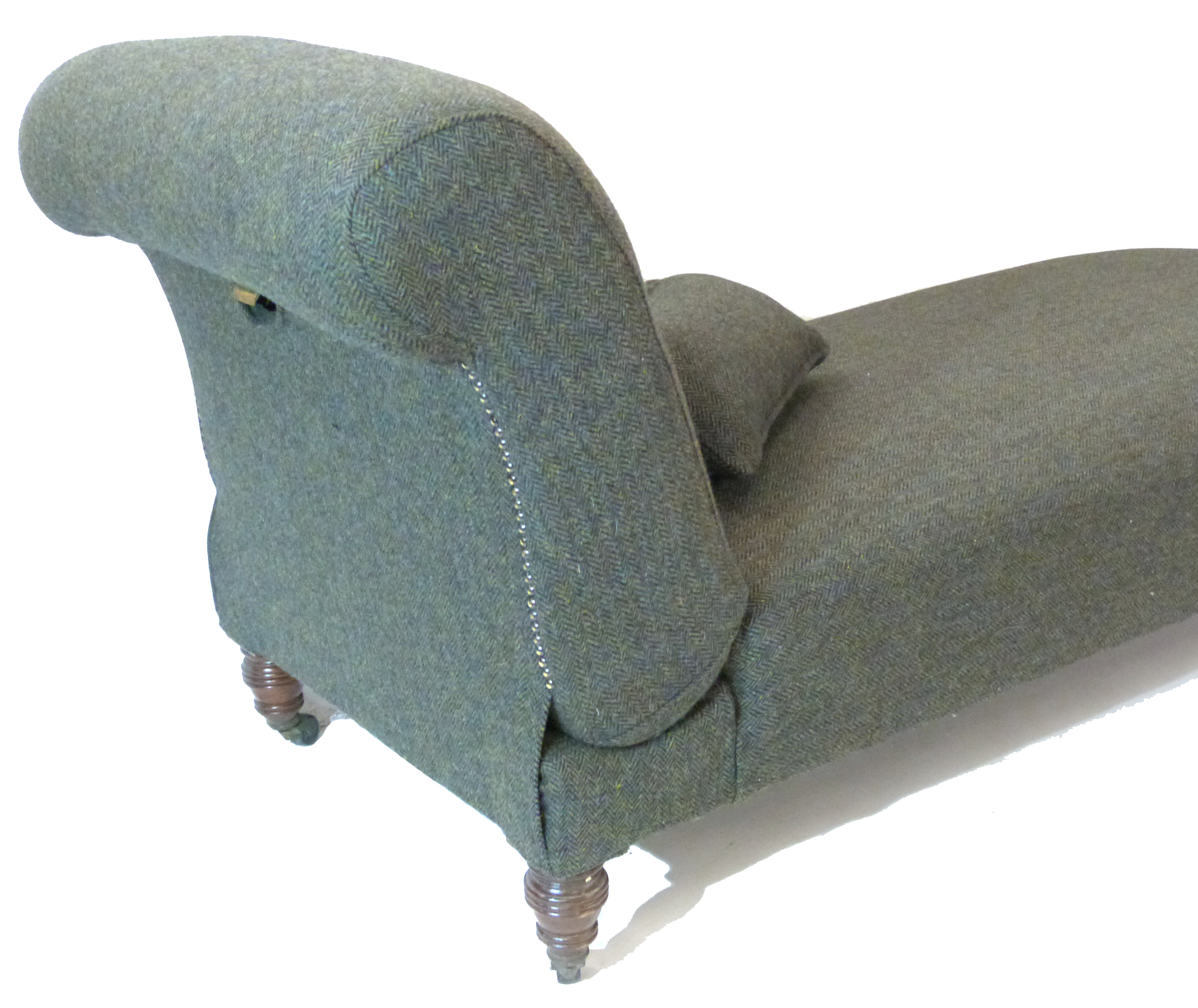 Victorian chaise longue with adjustable backrest, recently re-upholstered in dark Harris tweed - Image 6 of 6