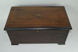 19th century walnut cased musical box, the inlaid lid enclosing a cylinder movement of 8 airs with