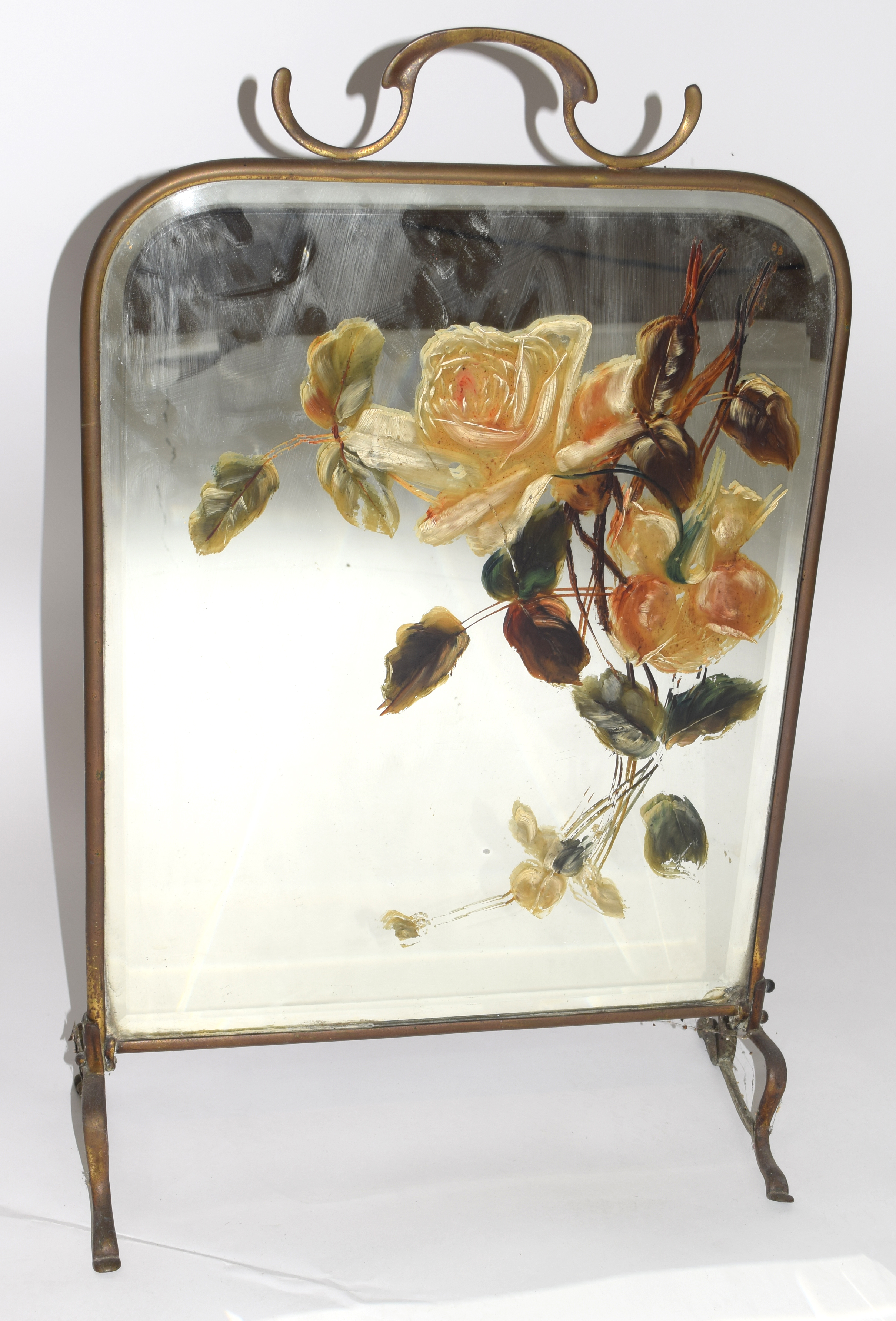 Early 20th century brass framed fire screen with central bevelled mirror with overpainted rose - Image 2 of 4