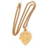 A gold openwork pendant and chain, the pear-shaped pendant chased and engraved with a swan, marked