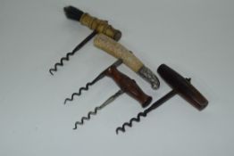 Quantity of corkscrews including one with silver top, one with bone handle