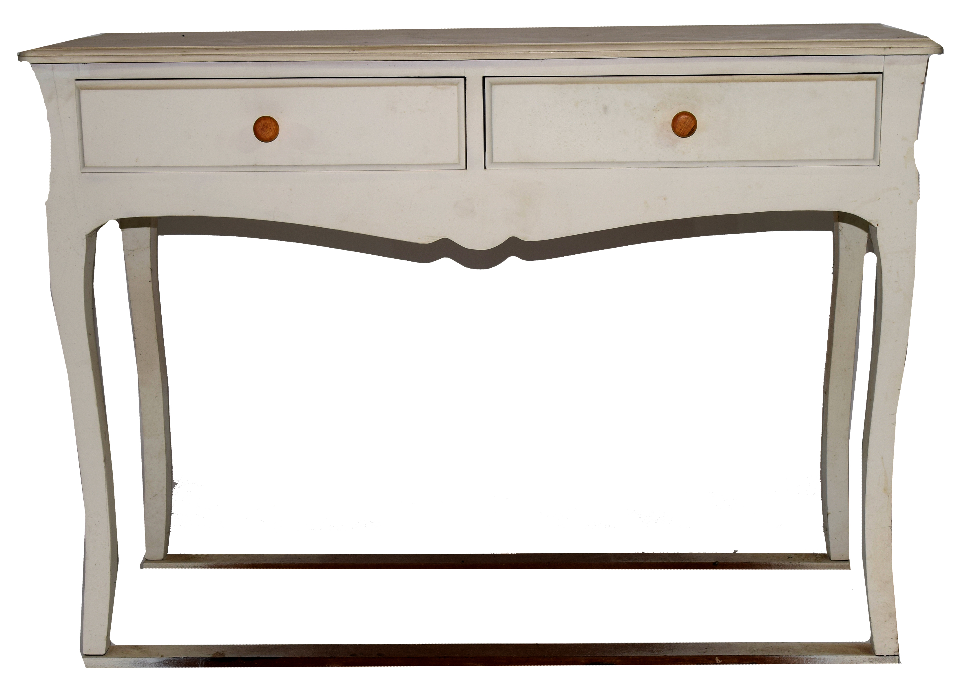 Contemporary white finish composite two-drawer side table raised on swept legs, 109cm wide