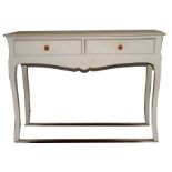 Contemporary white finish composite two-drawer side table raised on swept legs, 109cm wide