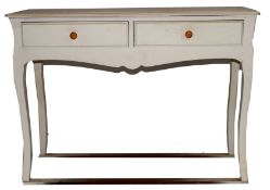 Contemporary white finish composite two-drawer side table raised on swept legs, 109cm wide