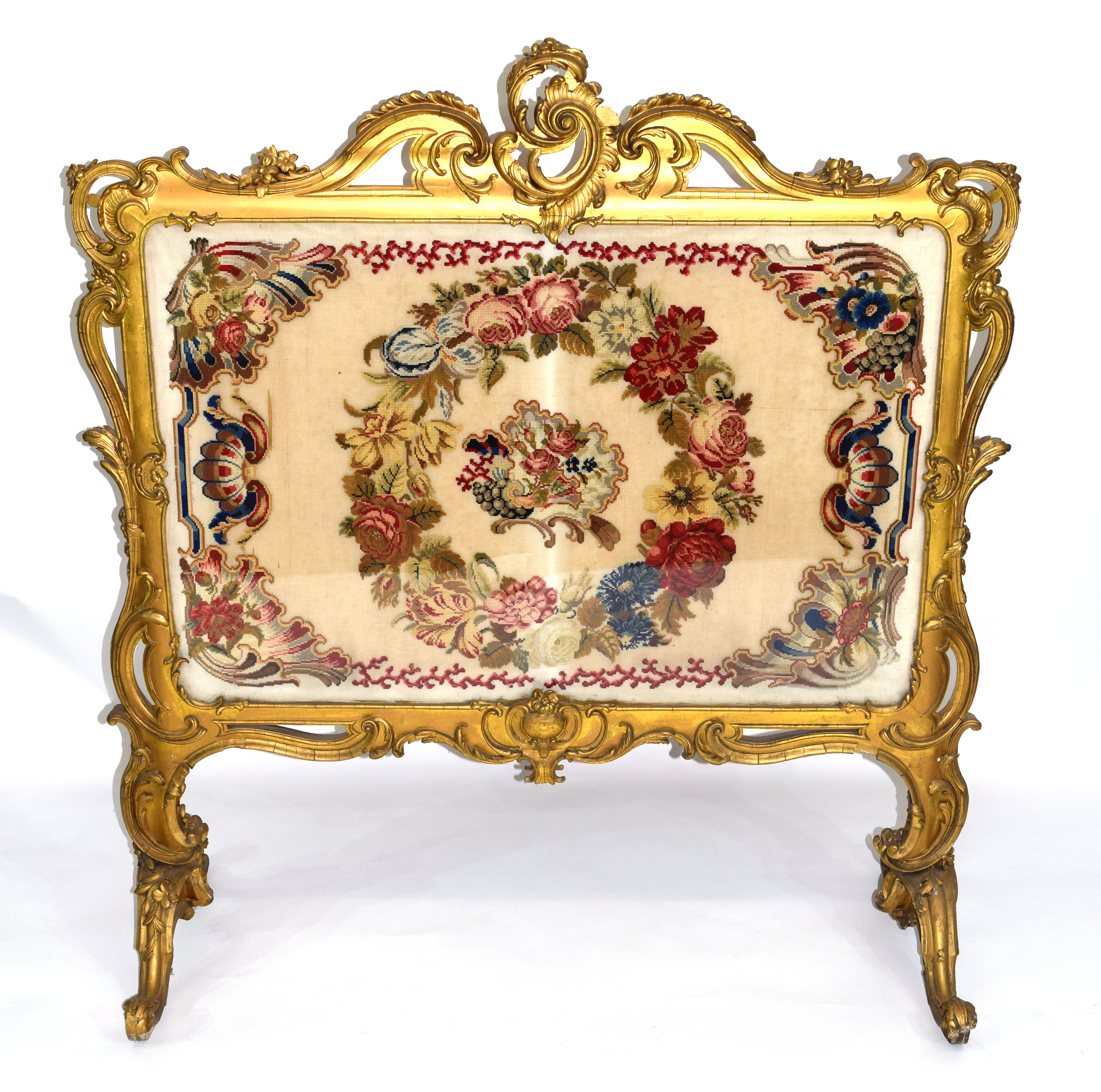 Large gilt gesso framed fire screen, the frame with elaborate foliate and scrolled detail, the - Image 2 of 6