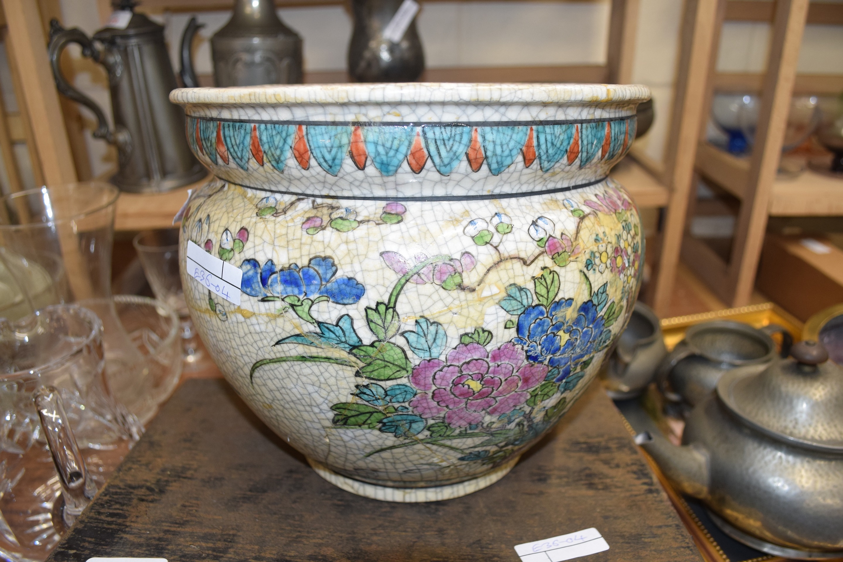 ORIENTAL CRACKLE GLAZE JARDINIERE, 25CM DIAM, HEAVILY REPAIRED