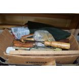 BOX OF WOODWORKING CHISELS ETC