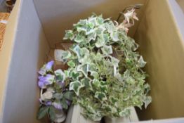 BOX OF MIXED ITEMS TO INCLUDE FAKE FLOWERS, TABLE LAMPS, BIG BUTTON TELEPHONE