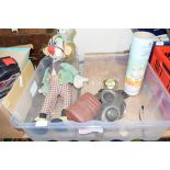 BOX OF MIXED ITEMS TO INCLUDE A RETRO TOY CLOWN, A GAS MASK AND AN OIL LAMP CHIMNEY