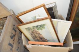 BOX OF WATERCOLOURS AND PRINTS AND PICTURES