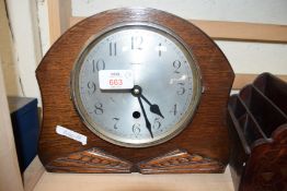 PERIVALE OAK CASED MANTEL CLOCK TOGETHER WITH A BRASS INLAID LETTER RACK