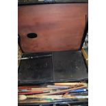 METAL ARTIST'S BOX CONTAINING VARIOUS PAINTS, BRUSHES AND PALETTE ETC
