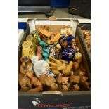 BOX CONTAINING MODEL SQUIRRELS, RUSSIAN DOLLS FORMED AS OWLS, BLUE GLASS JUG AND OTHER MIXED ITEMS