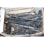 BOX OF IRON WINDOW LATCHES, DOOR HANDLES ETC