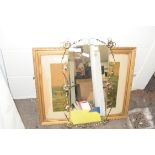 MIXED LOT OF A MIRROR IN METAL FRAME WITH FLORAL DETAIL, TWO FURTHER WOODEN FRAMED MIRRORS AND A