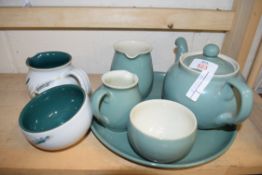 SMALL MIXED LOT OF DENBY CERAMICS TO INCLUDE TEA SET AND TRAY PLUS FURTHER GREEN WHEAT PATTERN