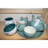 SMALL MIXED LOT OF DENBY CERAMICS TO INCLUDE TEA SET AND TRAY PLUS FURTHER GREEN WHEAT PATTERN