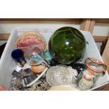 BOX OF MIXED ITEMS TO INCLUDE COPENHAGEN TIN TRAY, GLASS FISHING FLOATS, DRESSING TABLE JARS AND