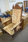 LATE VICTORIAN OAK FRAMED THRONE TYPE CHAIR WITH BARLEY TWIST BACK