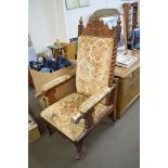 LATE VICTORIAN OAK FRAMED THRONE TYPE CHAIR WITH BARLEY TWIST BACK