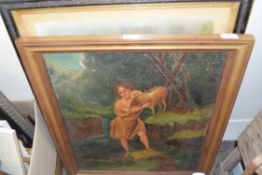 LATE 19TH/EARLY 20TH CENTURY STUDY OF A FIGURE WITH A LAMB IN COUNTRYSIDE SETTING, OIL ON CANVAS,