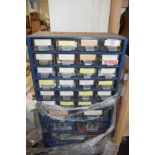 METAL FRAMED WORKSHOP CABINET WITH PLASTIC DRAWERS CONTAINING SCREWS, NUTS, BOLTS ETC