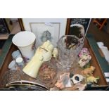 BOX OF VARIOUS MIXED ITEMS TO INCLUDE PIG MODELS AND OTHER ORNAMENTS, GLASS VASES AND BOWLS, ROYAL