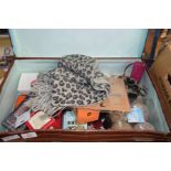 SMALL LEATHER SUITCASE CONTAINING CHRISTMAS BAUBLES, BODY LOTION ETC