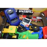 BOX OF VARIOUS CHILD'S PLASTIC TOY VEHICLES TO INCLUDE CARS, TRACTORS, LITTLE TIKES ETC