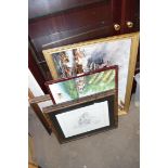 MIXED LOT OF PICTURES TO INCLUDE OIL ON BOARD STUDY OF A SEA SCENE WITH NAVAL WARSHIPS, SIGNED