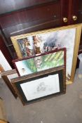 MIXED LOT OF PICTURES TO INCLUDE OIL ON BOARD STUDY OF A SEA SCENE WITH NAVAL WARSHIPS, SIGNED