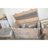 LARGE VINTAGE PACKING CASE TOGETHER WITH CONTETNS INCLUDING VARIOUS CARBOY BOTTLES ETC