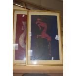 STEVEN DOYLE, TWO CELTIC HAND PRINT COLOURED PRINTS, A MOTIF AND THE LETTER 'L', F/G, LARGEST 53CM