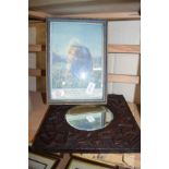 SMALL MIRROR IN CARVED OAK FRAME, TOGETHER WITH A SELECTION OF VARIOUS BUTTERFLY DOILIES AND A