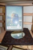 SMALL MIRROR IN CARVED OAK FRAME, TOGETHER WITH A SELECTION OF VARIOUS BUTTERFLY DOILIES AND A