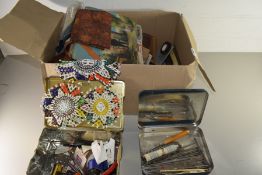 BOX CONTAINING NOVELTY CIGARETTE DISPENSER, BEADED COASTERS, PLAYING CARDS, CIGARETTE CARDS ETC