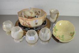 MIXED LOT OF POLISHED ONYX GOBLET, VARIOUS BOWLS, CHINESE PLATE, CARLTON WARE LEAF FORMED DISH ETC