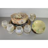 MIXED LOT OF POLISHED ONYX GOBLET, VARIOUS BOWLS, CHINESE PLATE, CARLTON WARE LEAF FORMED DISH ETC