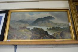 EARLY 20TH CENTURY BRITISH SCHOOL, STUDY OF A LOCHSIDE SCENE WITH DISTANT MOUNTAINS, OIL ON