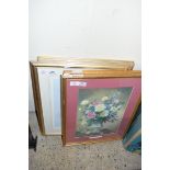 AFTER ALBERT WILLIAMS, TWO COLOURED FLORAL PRINTS, GILT F/G, 54CM HIGH AND THREE COLOURED PRINTS,