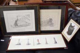 MIXED LOT COMPRISING A FRAMED GROUP OF CARDS DEPICTING FRENCH LIGHTHOUSES, TWO BLACK AND WHITE