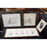 MIXED LOT COMPRISING A FRAMED GROUP OF CARDS DEPICTING FRENCH LIGHTHOUSES, TWO BLACK AND WHITE