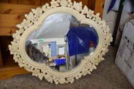 WALL MIRROR IN COMPOSITION FRAME DECORATED WITH GARLANDS OF FLOWERS AND FRUIT, 74CM WIDE