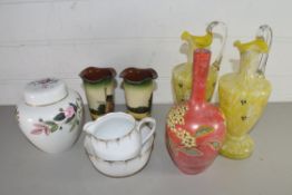 MIXED LOT COMPRISING PAIR OF TORQUAY WARE VASES, WEDGWOOD HATHAWAY ROSE GINGER JAR, ENAMEL FINISH