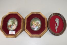 PAIR OF MINIATURE PICTURES IN OCTAGONAL GILT FRAMES, TOGETHER WITH A FURTHER PEWTER PLAQUE OF A